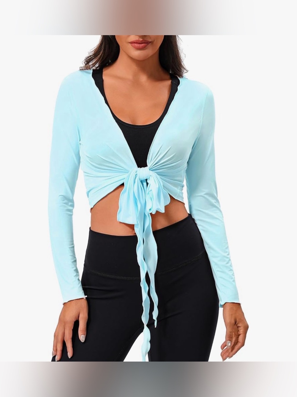 Light Blue Long Sleeve Tie Front Crop Wrap Top